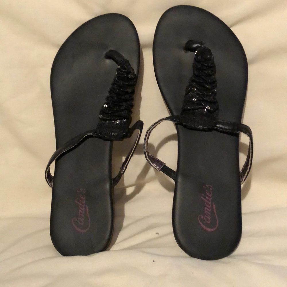 Black sequin embellished flip flops